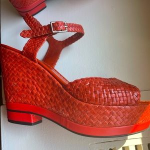 Used Pons Quintana coral woven leather wedge sandals